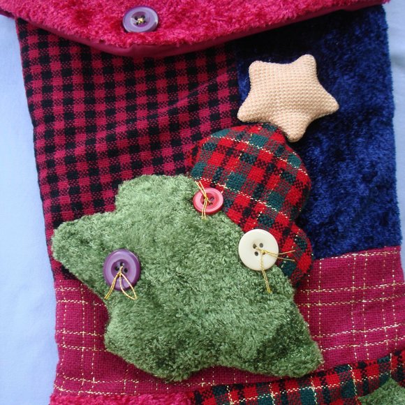 Nice 18" Stocking Farmhouse Patchwork Christmas Embellished Buffalo Check Fabric - Picture 7 of 14